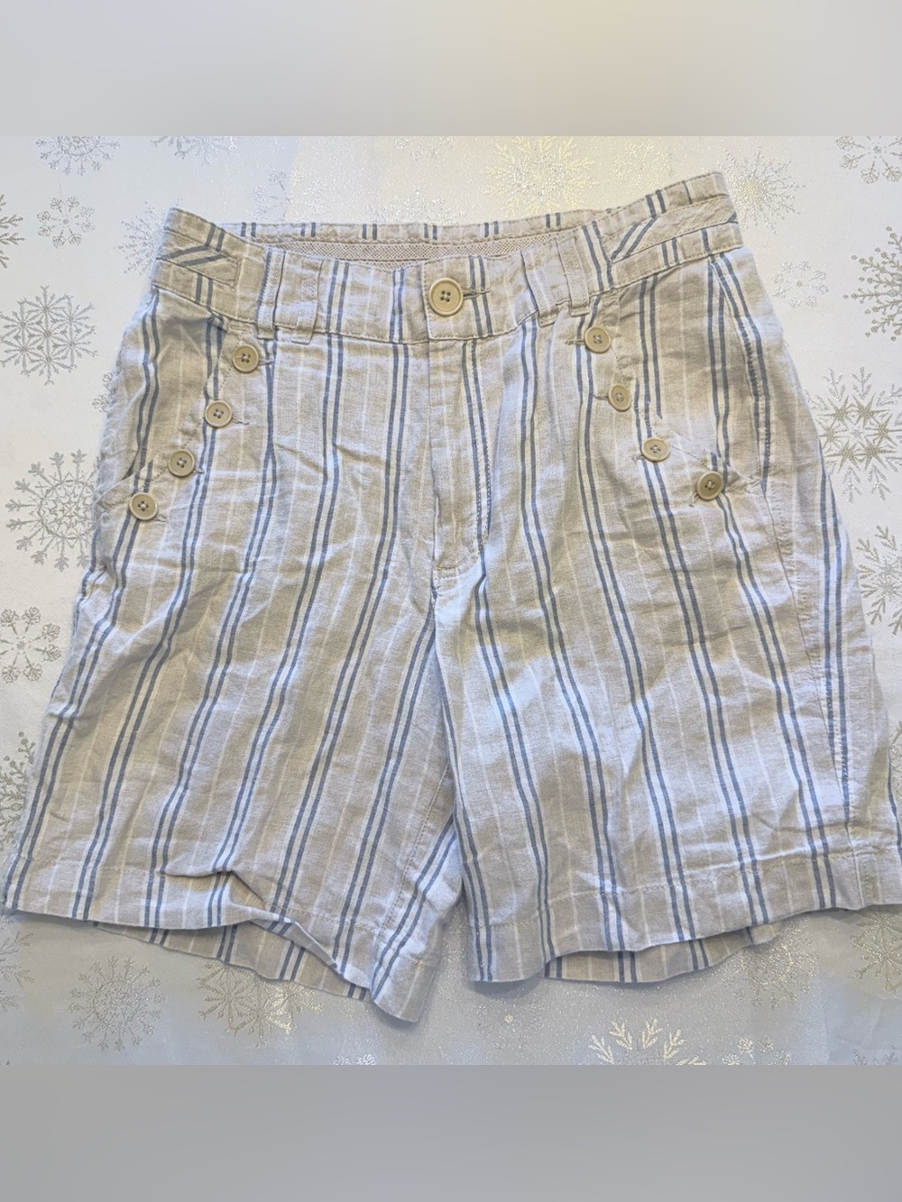Sundance Wilde Bermuda shorts Oatmeal Blue Linen Sailor buttons Size 6 *F*